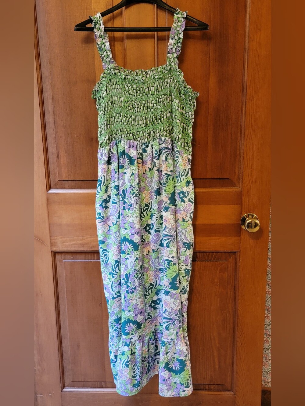 Davi & Dani Mixed Print Smocked Maxi Dress Retro Floral Geometric Size Large